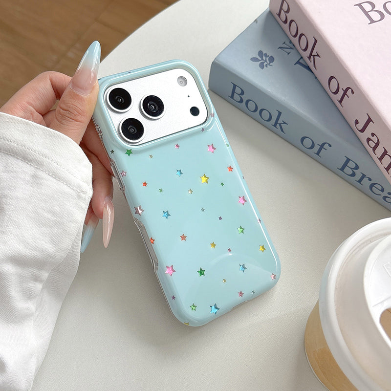 スマホケース 水色×星柄 柔らか素材 C048〗ブルー地×カラフル星柄のスマホケース – 37day