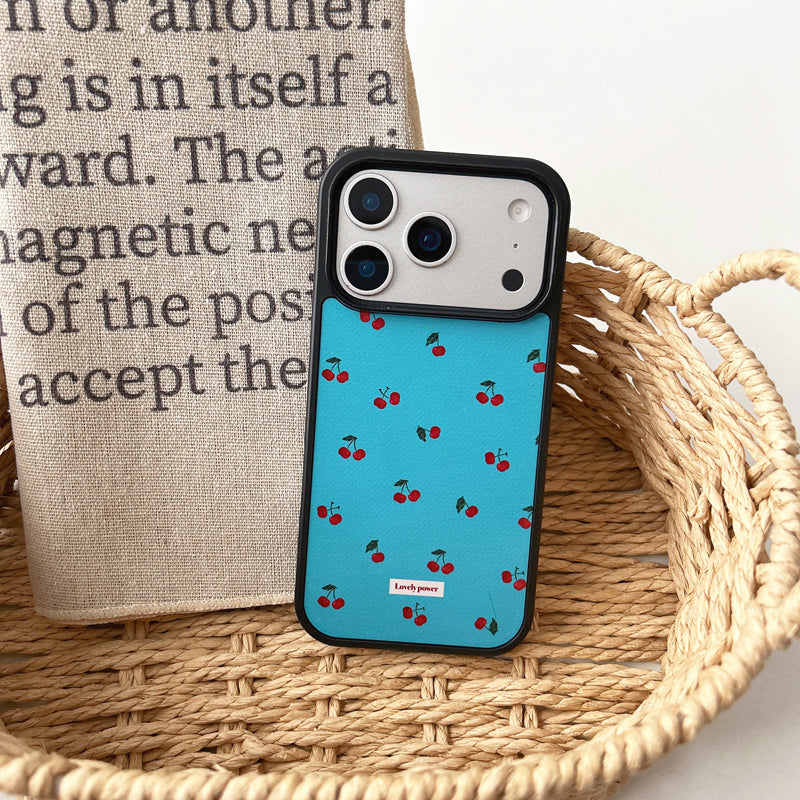 〖i958〗 ブルー地にチェリーのスマホケース