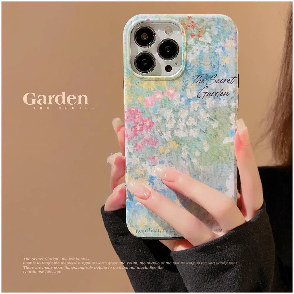〖i664〗花の緑の油絵,iPhone 11 12 13 14Pro Max スマホケース 韓国 お花