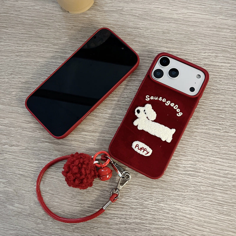 〖i985〗レッド・エンブロイダリー・イヌ ― iPhoneケース