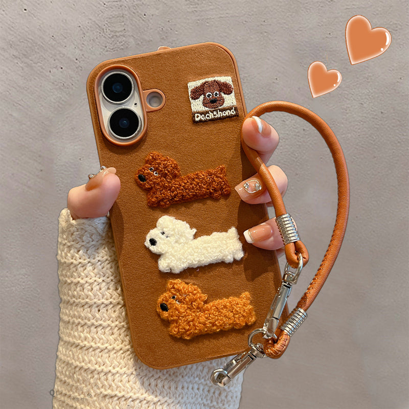 〖i964〗ベロア地 × ダックスフント刺繍 ブラウンの秋冬iPhoneケース