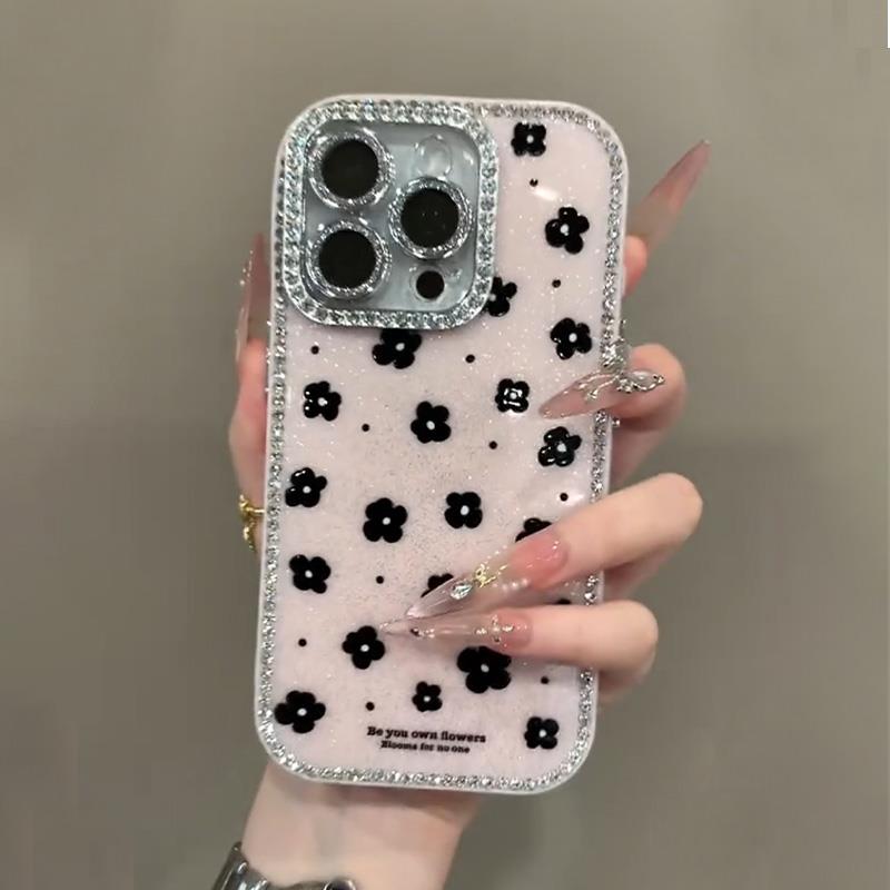 〖i976〗フラワー×ダイヤモンド×ラメ！きらめくボーダーが超豪華な人気爆発スマホケース