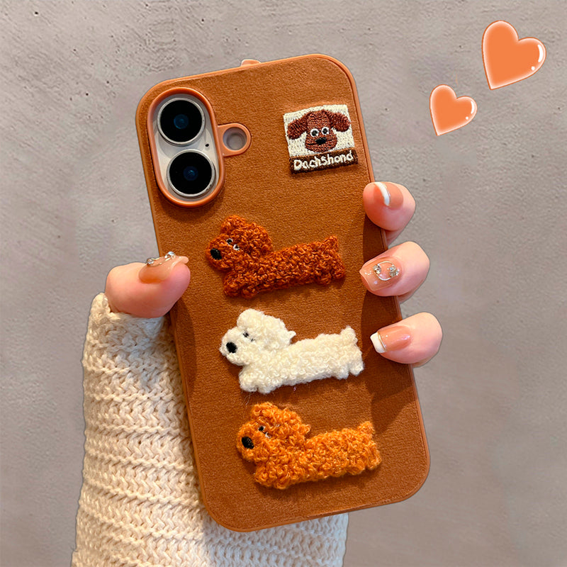 〖i964〗ベロア地 × ダックスフント刺繍 ブラウンの秋冬iPhoneケース