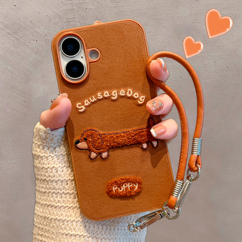 〖i964〗ベロア地 × ダックスフント刺繍 ブラウンの秋冬iPhoneケース