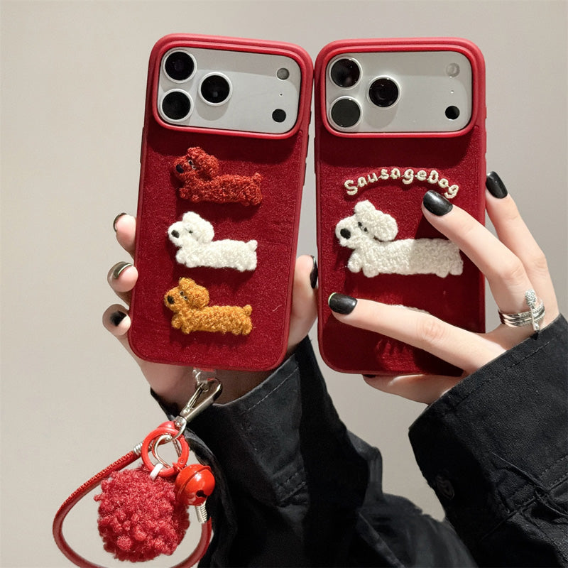 〖i985〗レッド・エンブロイダリー・イヌ ― iPhoneケース