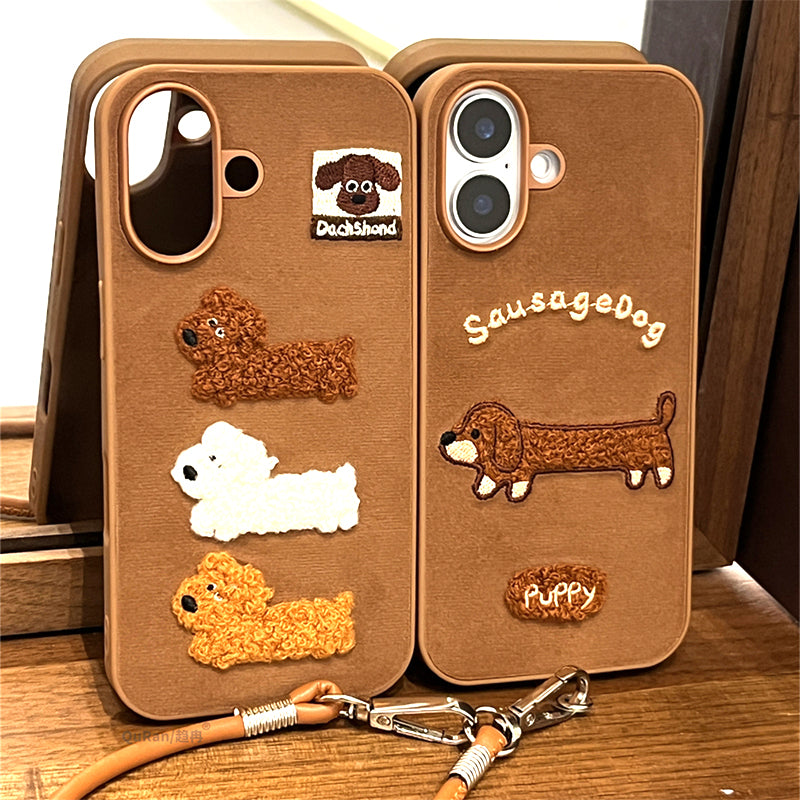 〖i964〗ベロア地 × ダックスフント刺繍 ブラウンの秋冬iPhoneケース