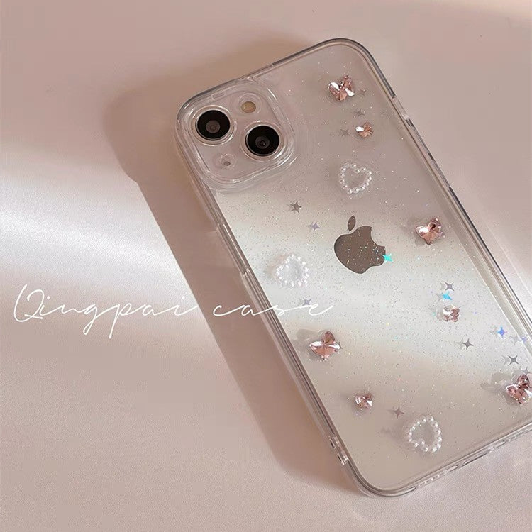 〖i965〗透明で立体的なデザイン，キラめくハートのラインストーンが煌めくiPhoneケース