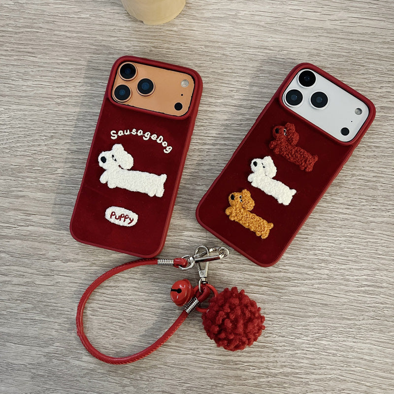 〖i985〗レッド・エンブロイダリー・イヌ ― iPhoneケース