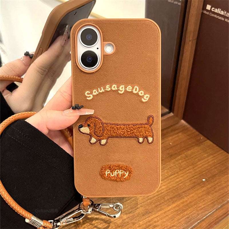 〖i964〗ベロア地 × ダックスフント刺繍 ブラウンの秋冬iPhoneケース