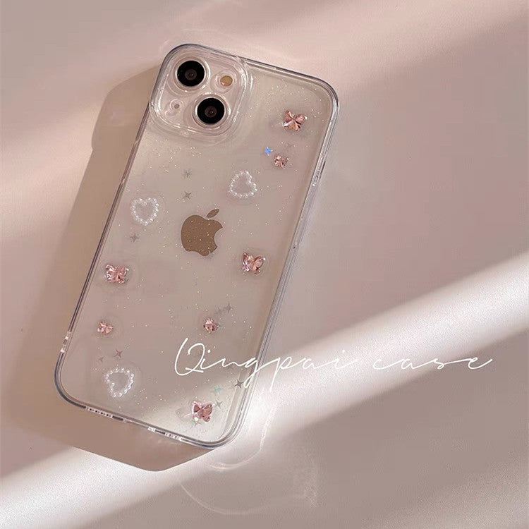 〖i965〗透明で立体的なデザイン，キラめくハートのラインストーンが煌めくiPhoneケース