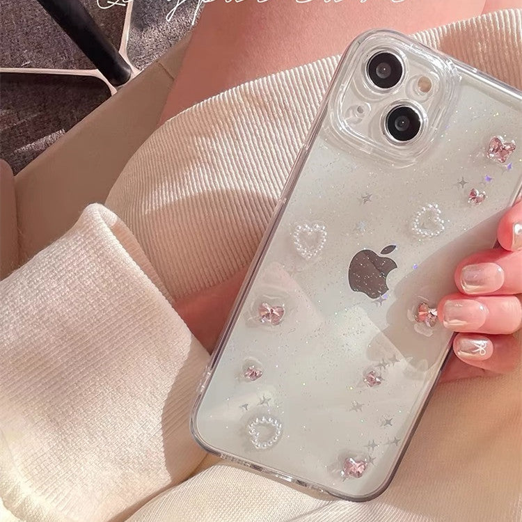 〖i965〗透明で立体的なデザイン，キラめくハートのラインストーンが煌めくiPhoneケース