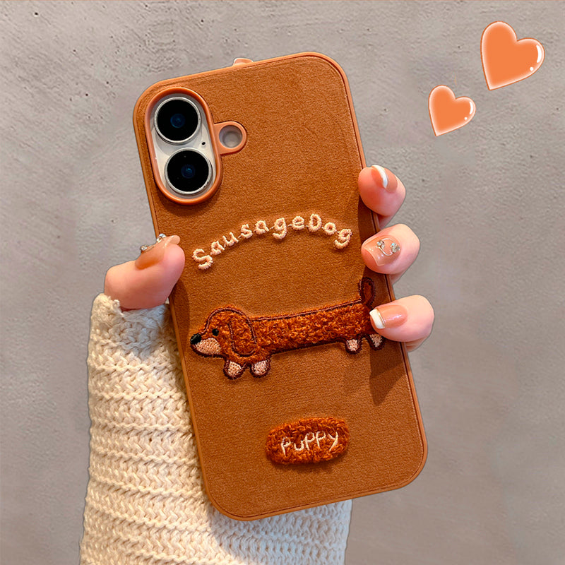 〖i964〗ベロア地 × ダックスフント刺繍 ブラウンの秋冬iPhoneケース