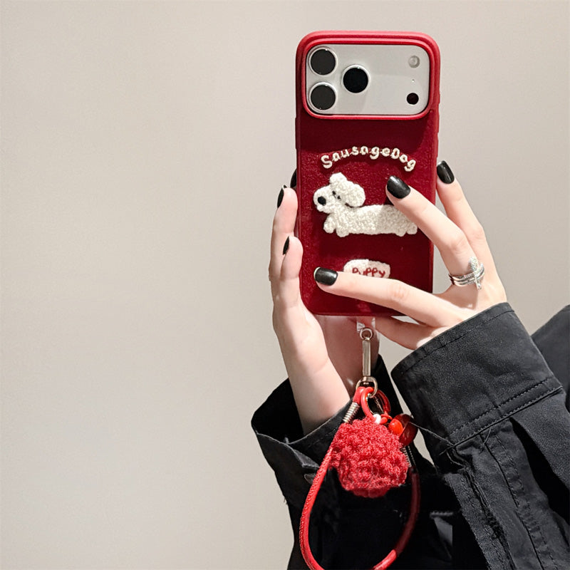 〖i985〗レッド・エンブロイダリー・イヌ ― iPhoneケース