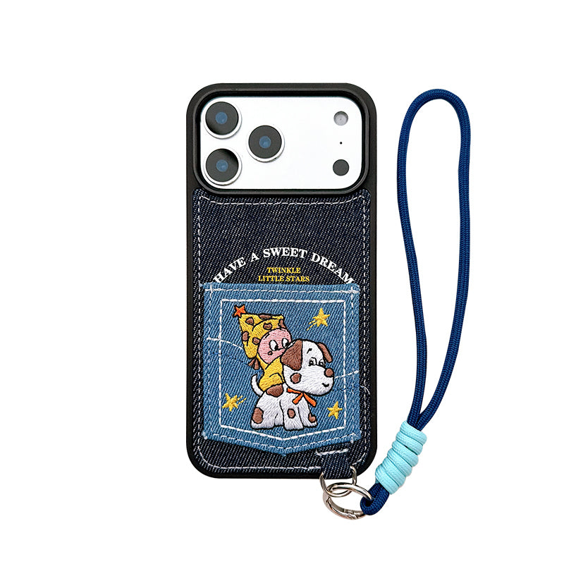 〖i973〗デニムのワンコカードケース付き iPhone 17 17Pro ケース