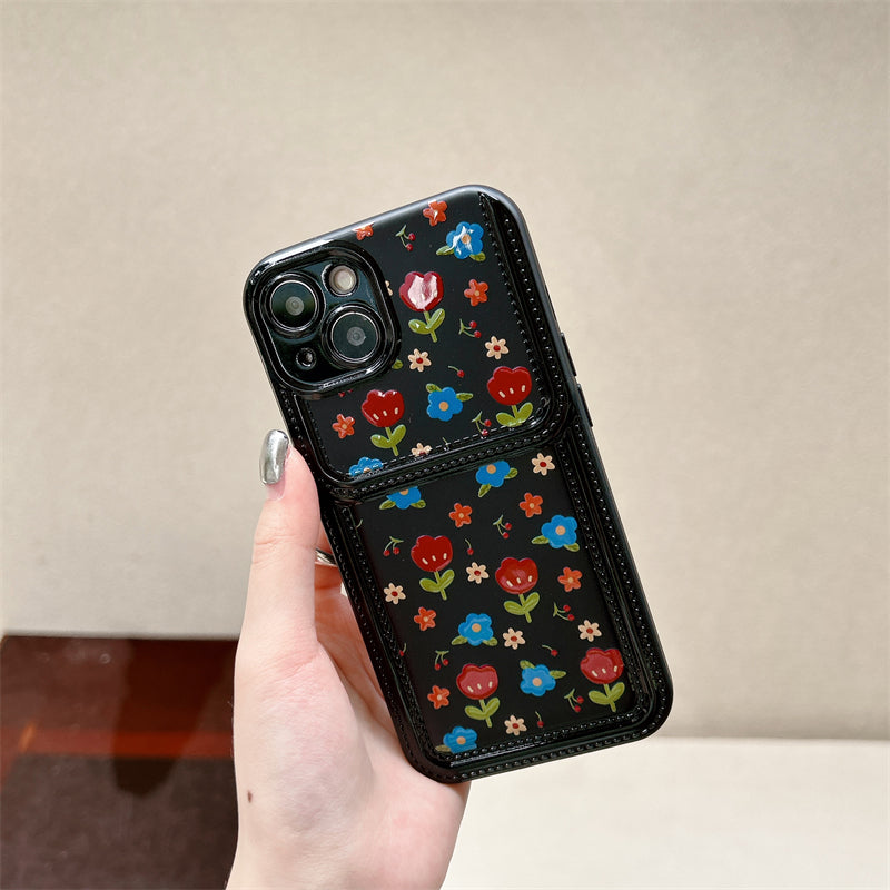 〖i621〗韓国かわいいクールな黒い花 iPhone 11 12 13 14 Pro Max 用電話ケース