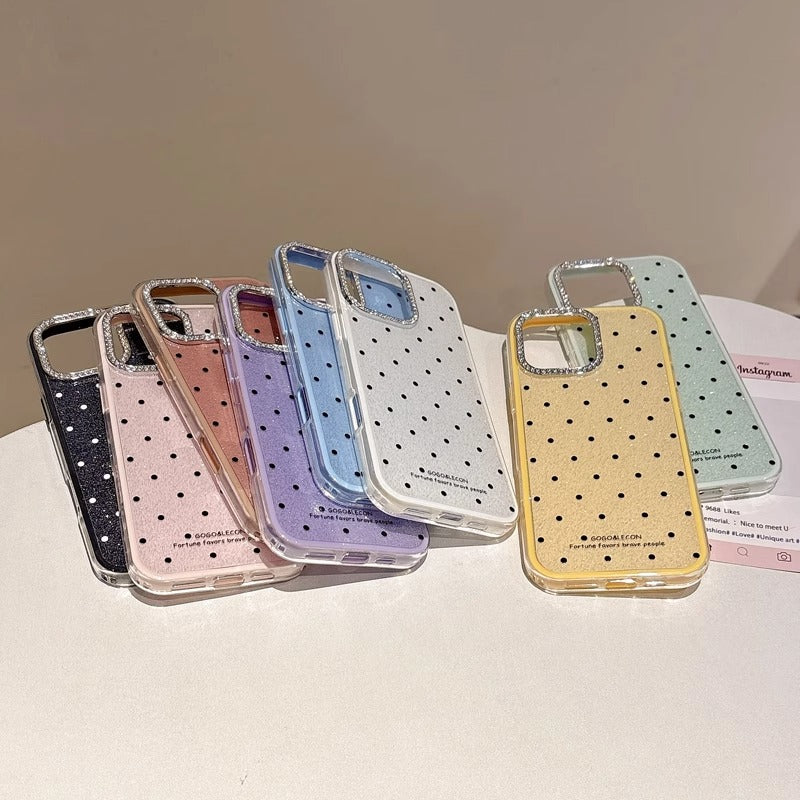 〖i943〗グリッター水玉模様のスマホケース,iPhone 15 16ケース