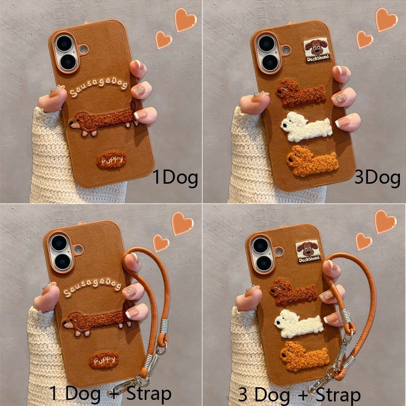 〖i964〗ベロア地 × ダックスフント刺繍 ブラウンの秋冬iPhoneケース