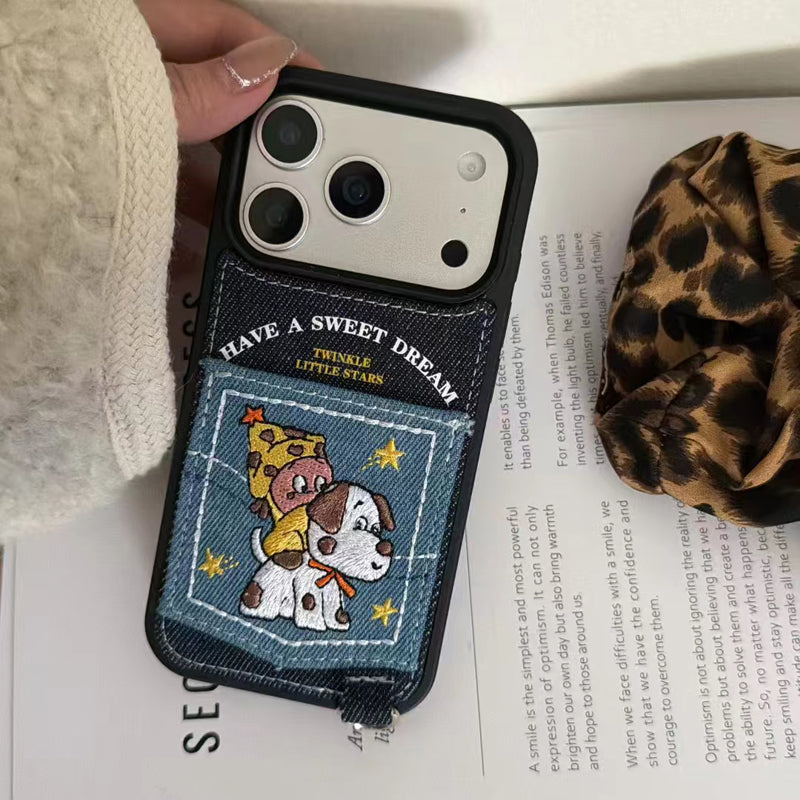 〖i973〗デニムのワンコカードケース付き iPhone 17 17Pro ケース