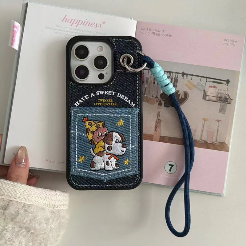 〖i973〗デニムのワンコカードケース付き iPhone 17 17Pro ケース