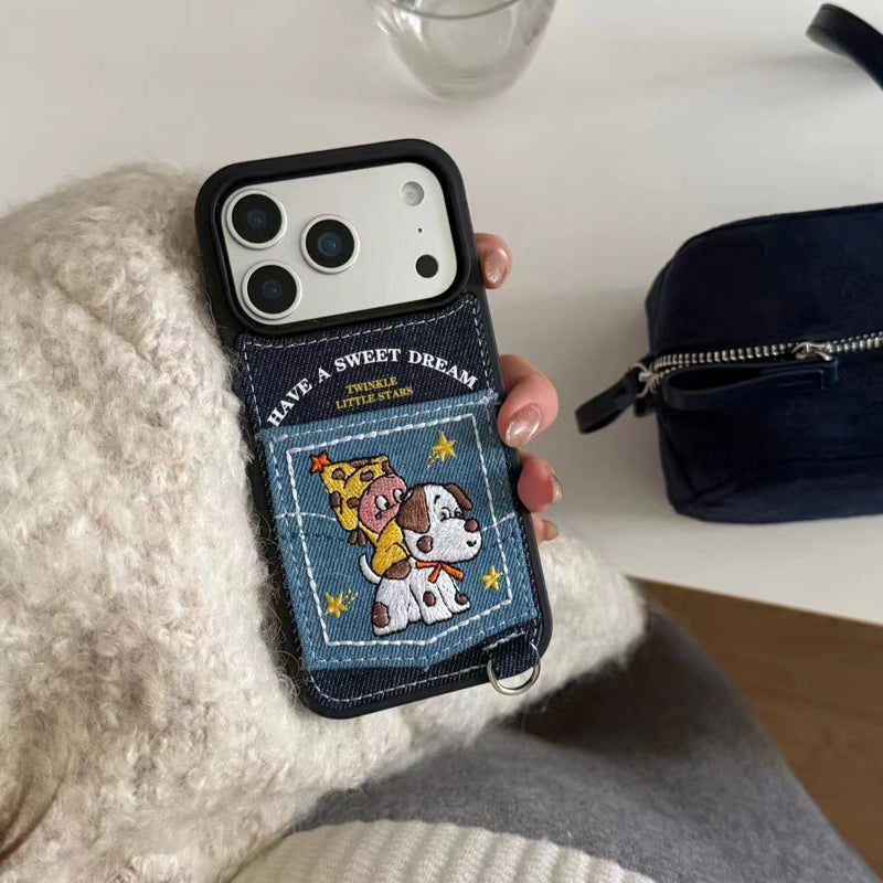 〖i973〗デニムのワンコカードケース付き iPhone 17 17Pro ケース