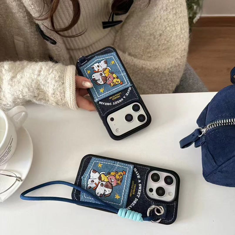 〖i973〗デニムのワンコカードケース付き iPhone 17 17Pro ケース