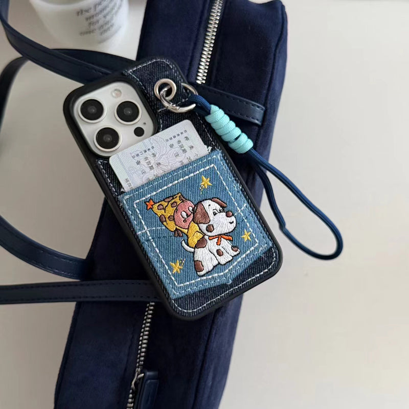 〖i973〗デニムのワンコカードケース付き iPhone 17 17Pro ケース