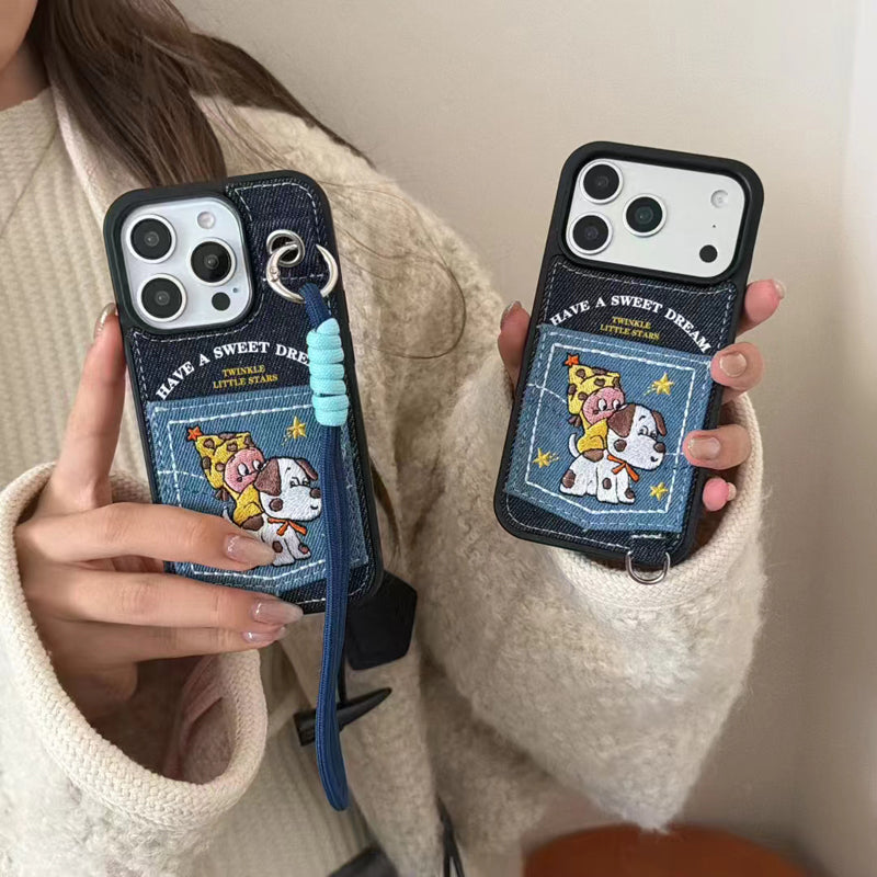 〖i973〗デニムのワンコカードケース付き iPhone 17 17Pro ケース