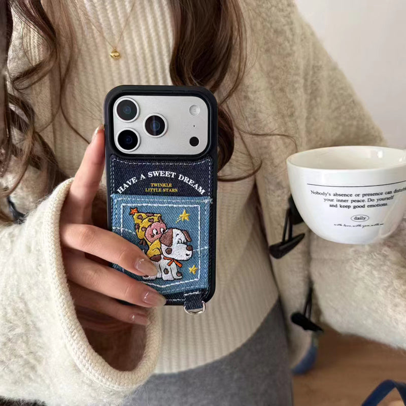 〖i973〗デニムのワンコカードケース付き iPhone 17 17Pro ケース