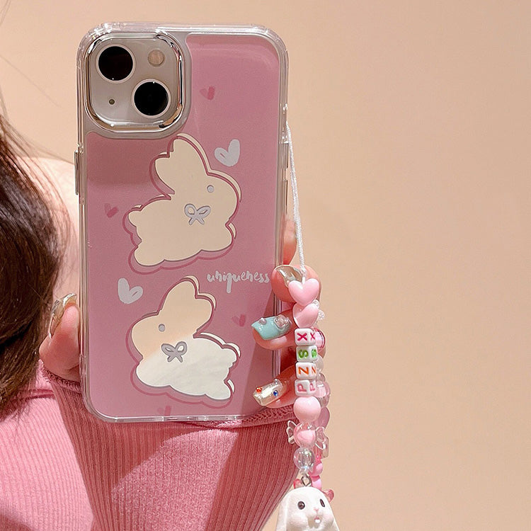 〖i589〗 かわいいスマホケース iPhone 11 12 13 14 Pro Maxに適用、かわいい漫画のウサギの携帯電話ケース ミラー付き 携帯電話ケース